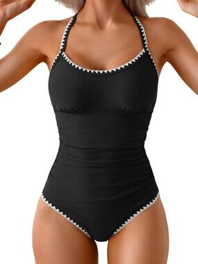 Eomenie Black White One Piece Swimsuit Tummy Control Ruched Shell Stitch S